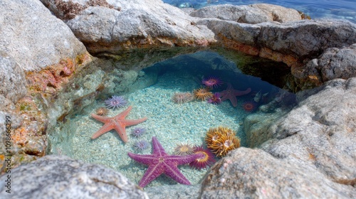 Colorful tide pool with starfish and anemones