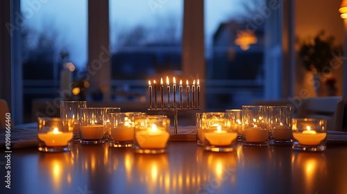 Elegant Candlelit Setting for Hanukkah Celebration in Evening Glow photo