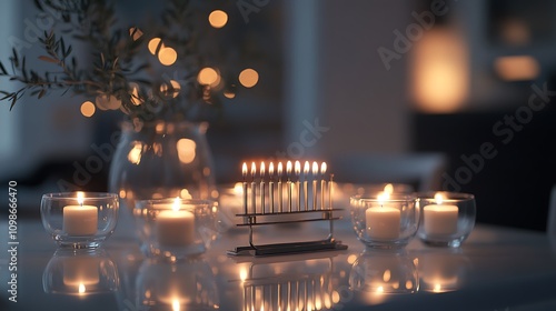 Elegant Candlelit Setting for Hanukkah Celebration with Menorah photo