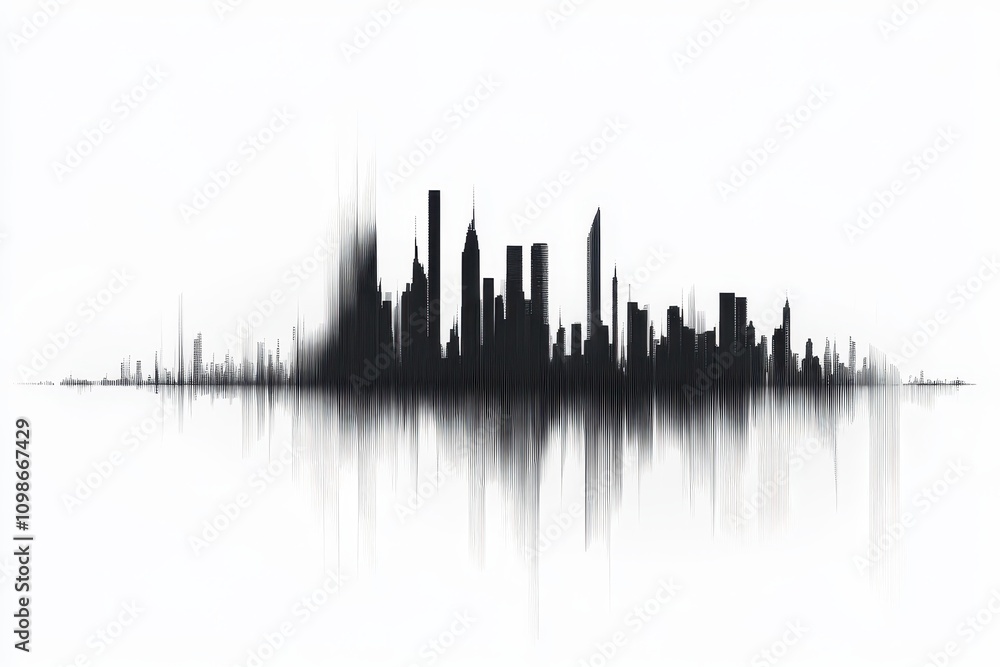 Fototapeta premium Skyline silhouette represented as sound waves in an abstract composition