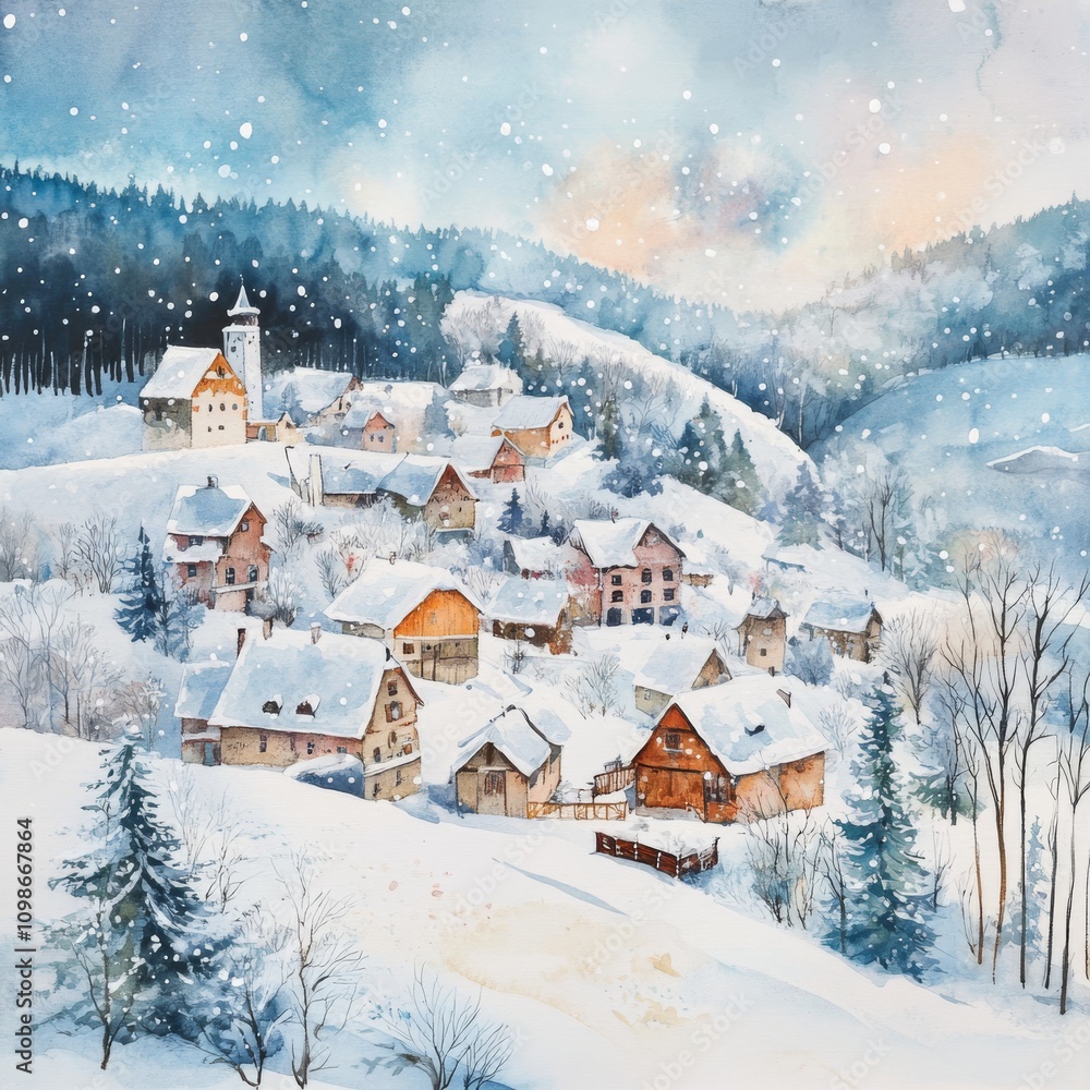 Fototapeta premium A serene winter scene of a snow-covered village nestled in a forest, showcasing charming wooden houses and a starry night sky.