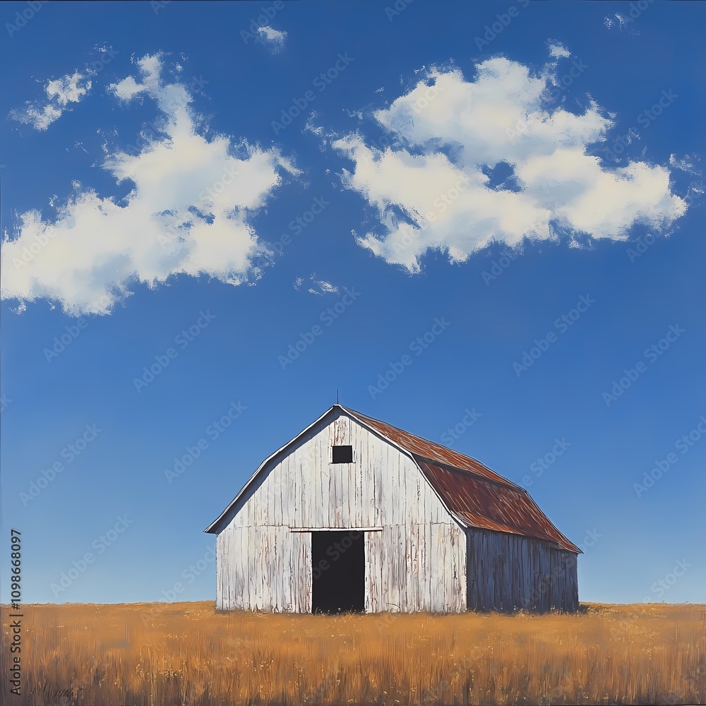 Obraz premium A solitary weathered barn standing in an open field bathed in sunlight