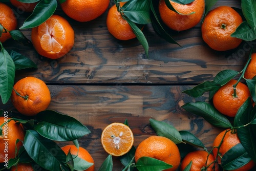 Fresh oranges and green leaves on rustic wooden table photo