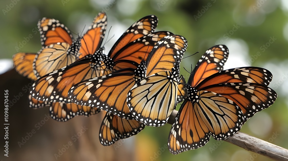 Fototapeta premium A beautiful cluster of monarch butterflies gracefully perched on a branch