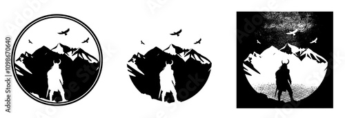 Set Vektor Silhouette - Wikinger mit Helm Hörner und Schwert in den Bergen - Natur und Glaube