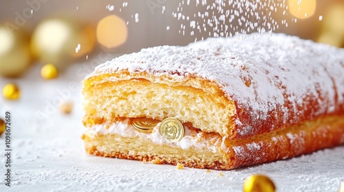 Saint Basil's Day: Vasilopita slice with hidden coin and golden decorations

 photo