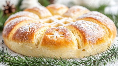 Closeup of Vasilopita Bread with Cross and Greenery photo