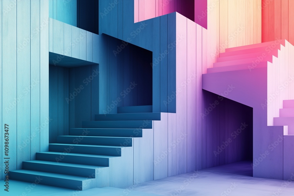 Fototapeta premium Abstract colorful stairs and geometric shapes in vibrant pastel tones