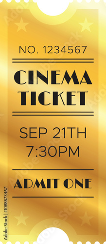 Golden cinema ticket for a movie or film screening on september 21th at 7,30 pm, admitting one person, offering a nostalgic and luxurious experience