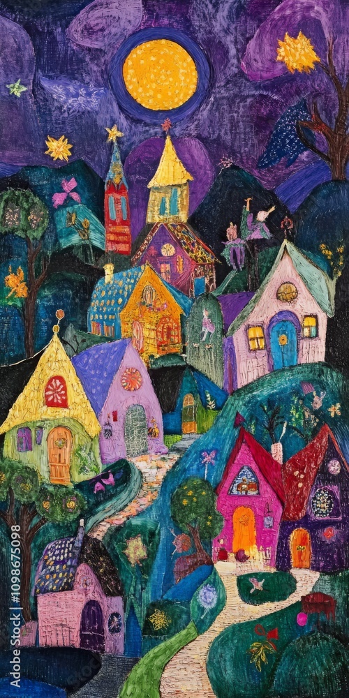 Obraz premium A vibrant, whimsical village scene at night with colorful houses and a bright moon illuminating the fantasy landscape.