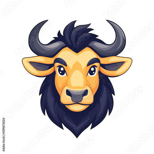 cute simple kawaii wildebeest with broad muzzle, curved horns, a mane similar to that of a horse 2px stroke and white background flat design photo