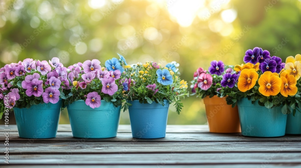 Fototapeta premium Colorful pansies in vibrant pots on wooden surface, sunny garden background.