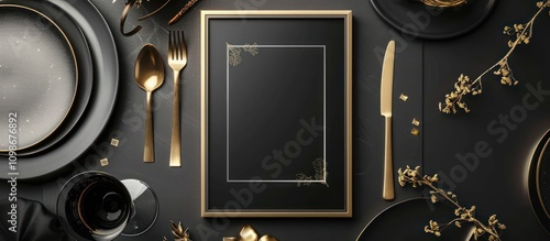 Elegant black and gold table setting with empty frame for text.