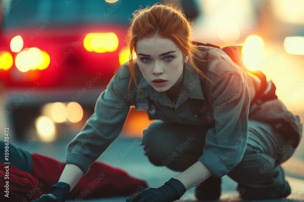 Fototapeta premium Emergency responder assists injured person on busy city street at sunset. Generative AI