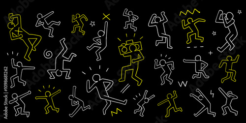 Dance party dancing people characters doodles vector background
