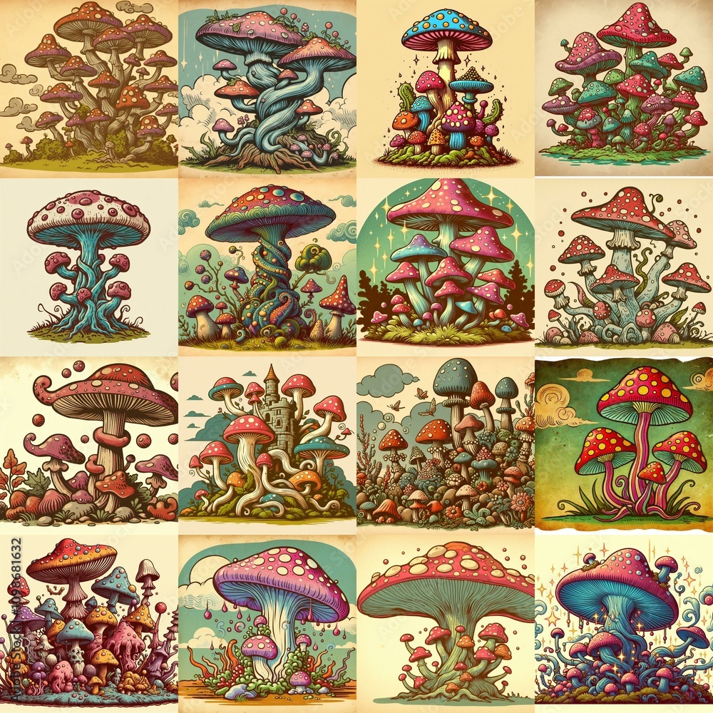 Obraz premium Cartoon fantasy fungus. AI generated illustration