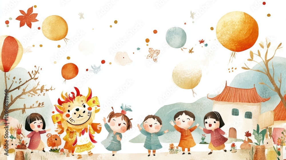 Fototapeta premium Joyful children celebrating autumn festival with lion dance and balloons