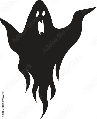 Black silhouette of a spooky ghost floating with open mouth, waving arms, and a flaming bottom against a white background creates a chilling halloween vibe