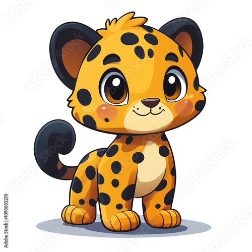 cute kawaii leopard with dark irregular spots standing on four legs with a 2px stroke and white background flat design  photo