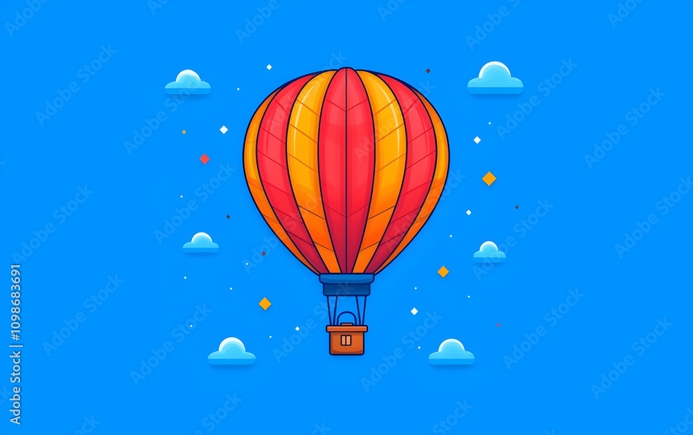 Obraz premium A vibrant, illustrated hot air balloon in bright red and orange hues floats against a blue sky dotted with fluffy clouds and sparkling stars, conveying a sense of adventure and joy.