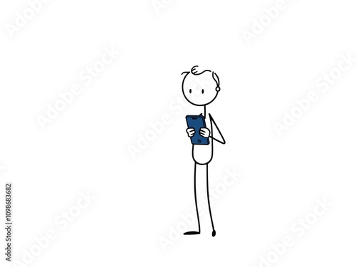 clean vector illustration of a stick figure standing and holding a smartphone, looking at the screen.