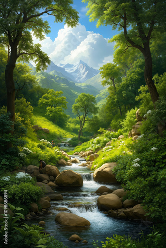 A painting of a stream running through a lush green forest