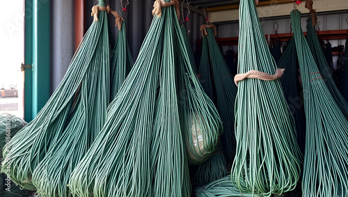 Green fishing trawls in storage. photo