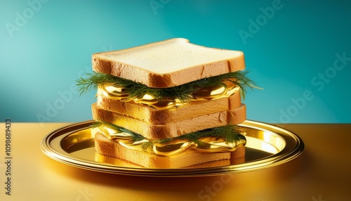 Sandwich with gold sauce inside on gold plate