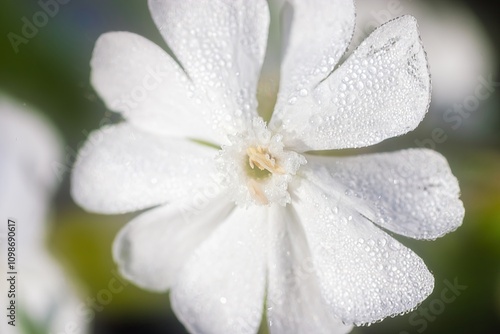 Delicate white flower in raindrops, extreme close-up