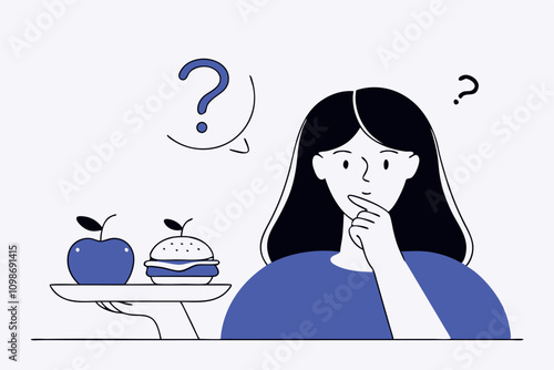 Girl chooses what to eat. Healthy food vs fast food concept illustration. Eating disorder