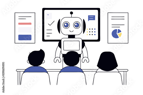 Advanced AI robot positioned at the chalkboard in the school classroom teaching group of students
