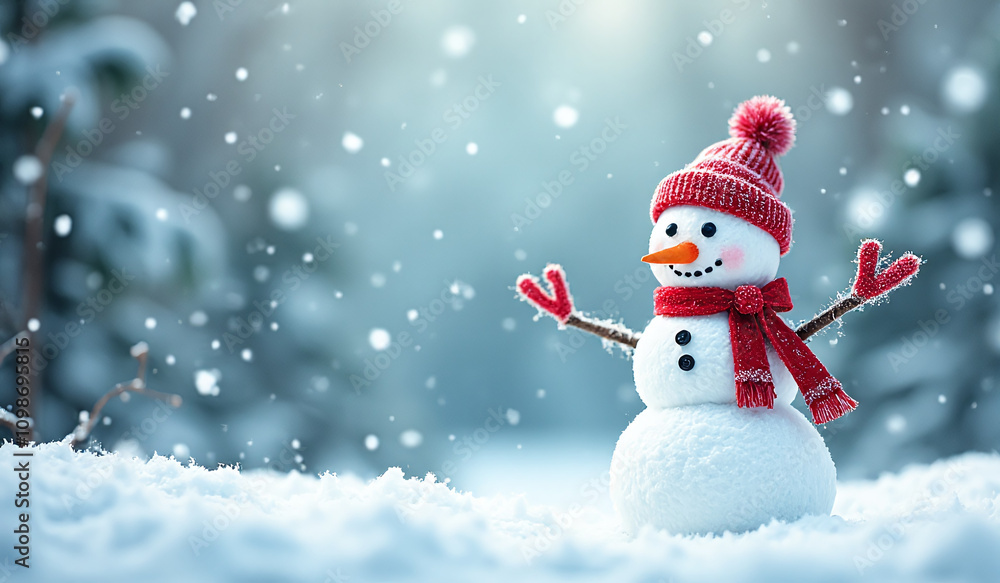 Fototapeta premium greeting card features snowman scene winter landscape snowy background happy new year design element