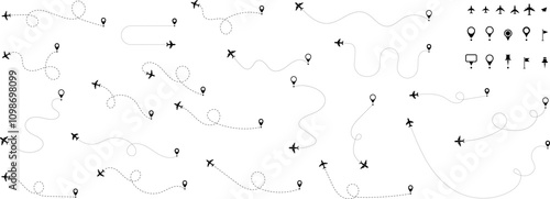 Airplane routes set. Plane paths. Aircraft tracking with planes, map or location pins. Travel Vector illustration.