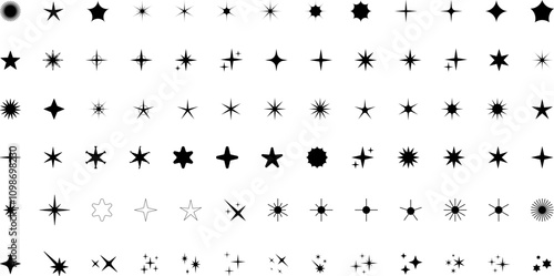 Cool Sparkle Icons Collection. Shine Effect Sign Vector. Minimalist silhouette stars icon set, twinkle shining star shape symbols, icons, elements. Magic Symbols. Vector illustration.