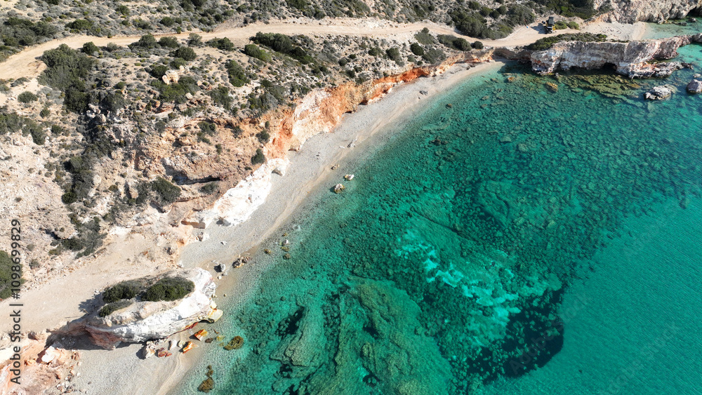 Φωτογραφία Aerial drone photo of secluded volcanic beach of Kastanas with colourful rock fo