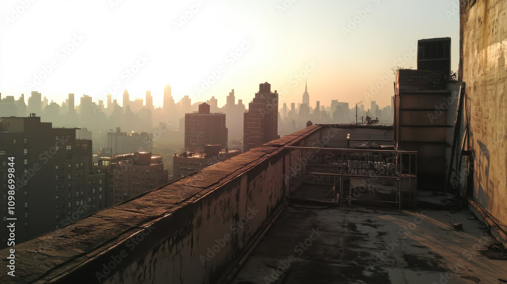 Obraz premium Golden sunrise over a vibrant city skyline with towering buildings and rooftops during early morning