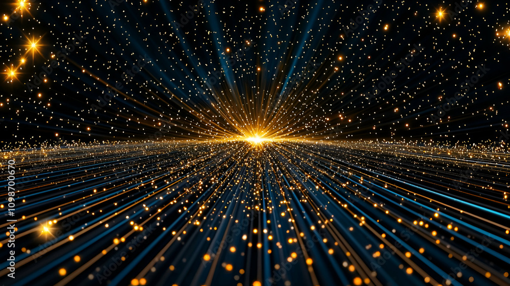 Naklejka premium A vibrant cosmic scene with radiant beams of light and scattered stars, creating a sense of depth and movement in a dark, starry background.