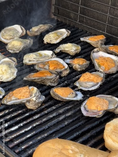 chargrilling oysters on the grill photo