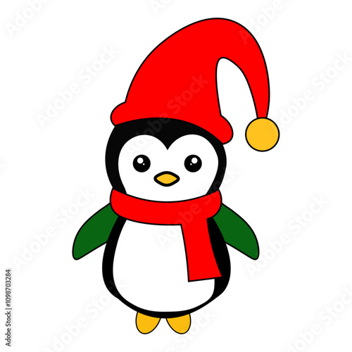 Vector outline of a cute frosty the penguin wearing a santa claus hat and scarf on white background