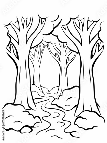  kids coloring book  variety of plants and flowers. Include intricate details of tall trees with textured bark, hanging vines, and delicate ferns. Scatter diverse blooming flowers like roses, daisies