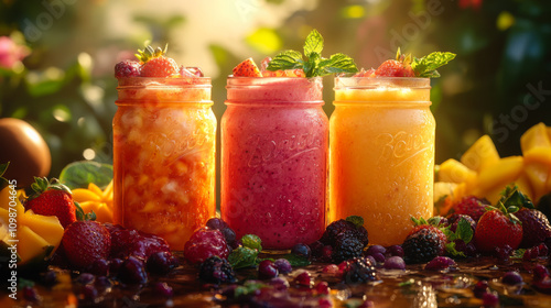 Colorful fruit smoothies in mason jars surrounded by fresh berries and sunlight in a garden setting during summer afternoon