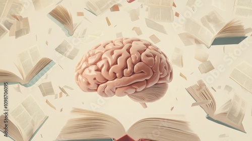 A brain is at the center, encircled by open books and flying pages, illustrating the connection between thought and knowledge acquisition. Generative AI photo