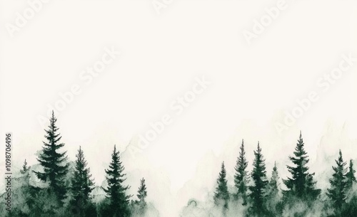 A watercolor illustration featuring coniferous and spruce trees in a snowy rural landscape, highlighting the enigmatic charm of fir or pine trees for a winter Christmas design. photo