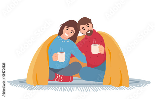 Happy man and woman with hot drink under warm blanket. Cozy Snowy winter season or cold weather at home with family concept. Vector illustration isolated on white background.