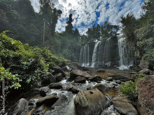 Waterfalls Cascading in Phnom Kulen Forest Wilderness, Phnom Kulen, Cambodia