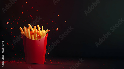 A red container holding classic crispy fries, with a dramatic dark background and chili flakes in the air for a bold presentation. photo