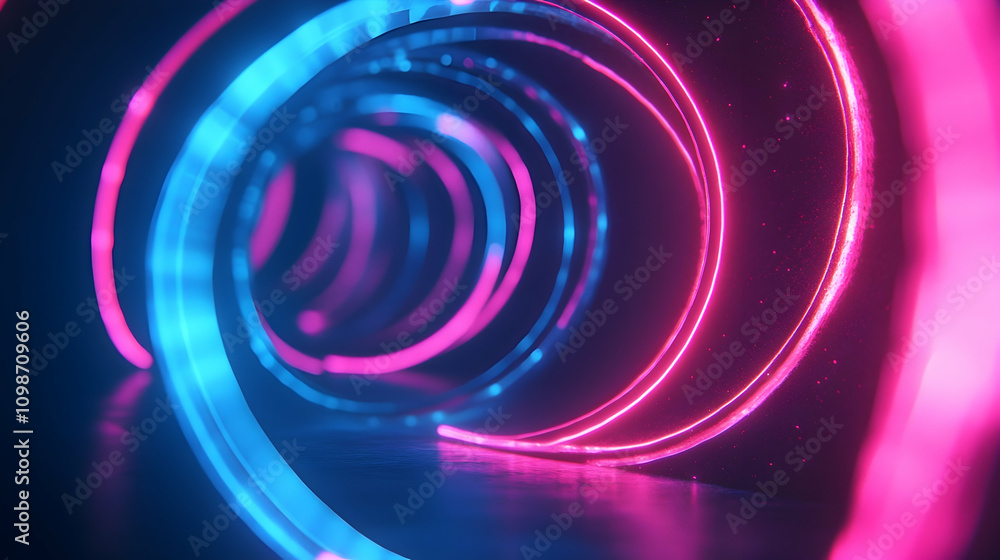 Naklejka premium A glowing vortex-like design in shades of neon pink and blue, creating a dynamic and futuristic abstract composition.