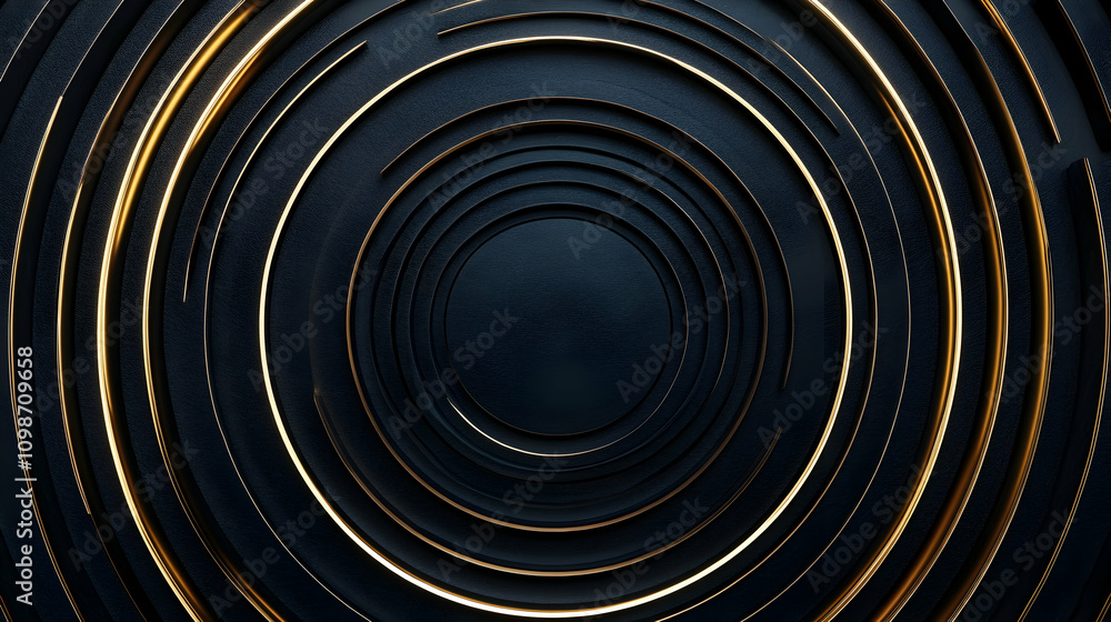 Obraz premium A dark and elegant concentric circular design in black and gold, creating a sleek and luxurious abstract aesthetic.