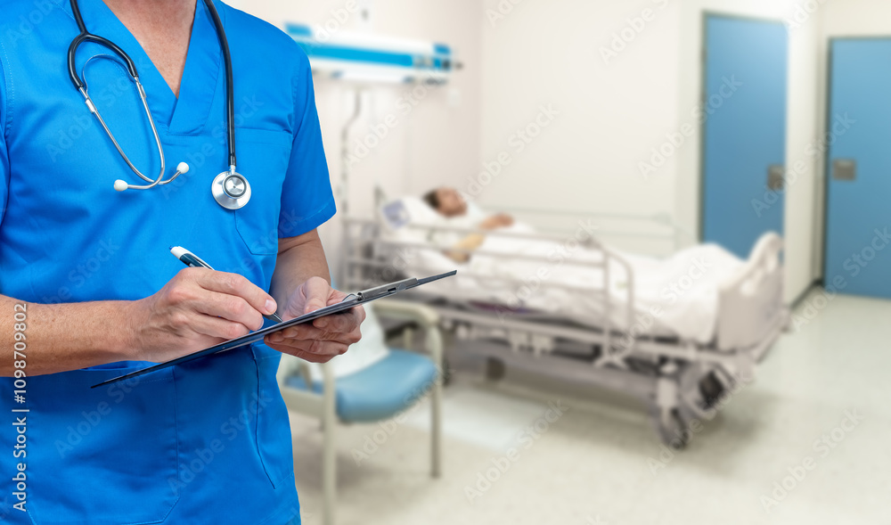 Αυτοκόλλητο Nurse in blue scrubs writing on a clipboard in a hospital room with an ill patient in bed