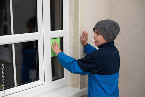 A young boy cleans a window with a green sponge, wearing a blue jacket and knit beanie. The image captures sense of responsibility and focus in an outdoor setting